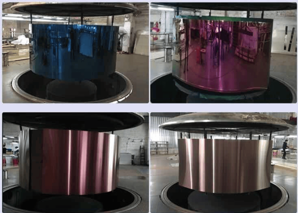 Colored stainless steel sheets in blue, purple, rose and bronze metallic finishes for architectural and decorative applications.