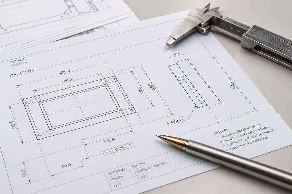 Technical drawing with caliper for custom metal fabrication
