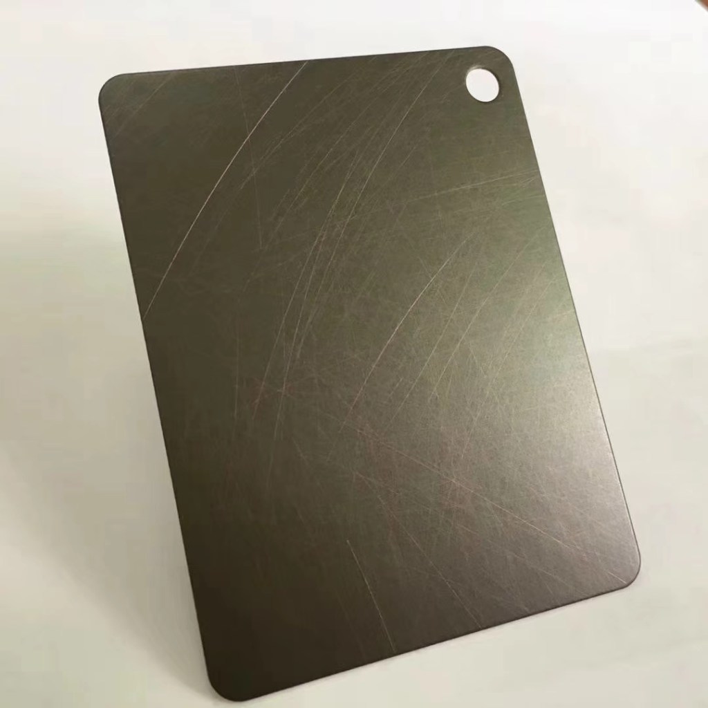 Antique bronze colored stainless steel sample with brushed finish