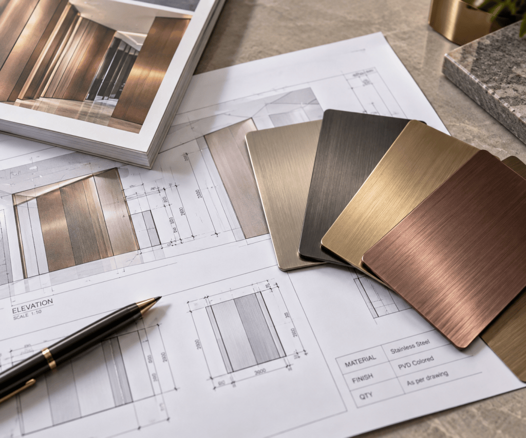 Colored stainless steel finish samples with architectural drawings for custom project requirements