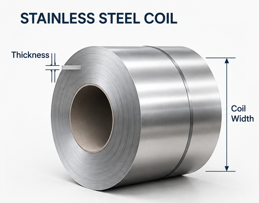 Stainless steel coil dimension diagram showing material thickness and coil width for custom coil size specifications and processing requirements.