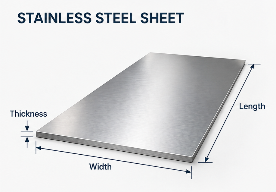 Stainless steel sheet dimension diagram showing thickness, width and length for custom sheet size specifications and fabrication requirements.