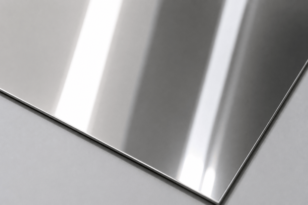 8K mirror finish stainless steel sheet with a highly polished and reflective surface. A highly polished stainless steel surface with strong reflectivity and a mirror-like appearance for decorative applications.