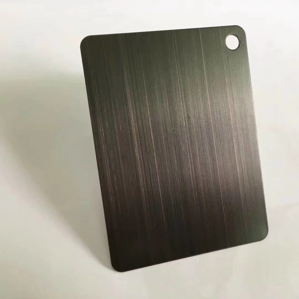 Black titanium colored stainless steel sample with brushed finish