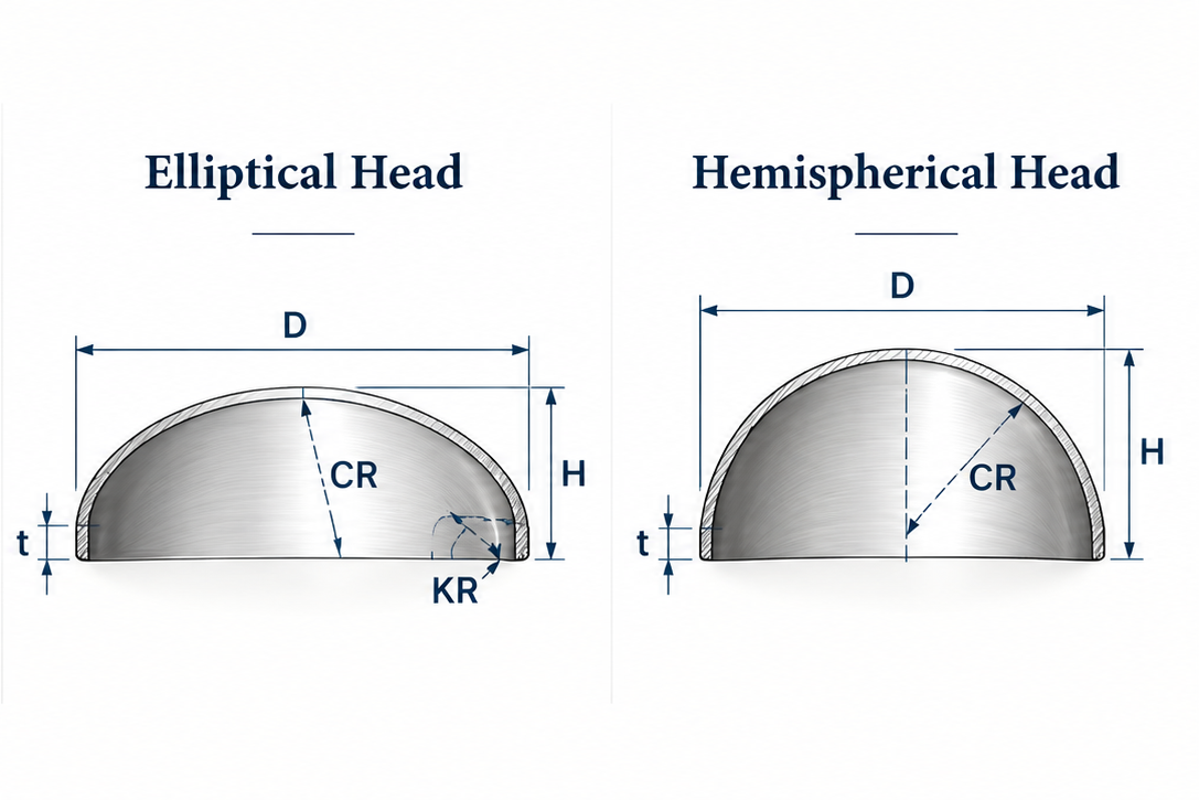 Stainless steel elliptical and hemispherical pressure vessel head dimension diagrams showing diameter D, thickness t, head height H, crown radius CR and knuckle radius KR.