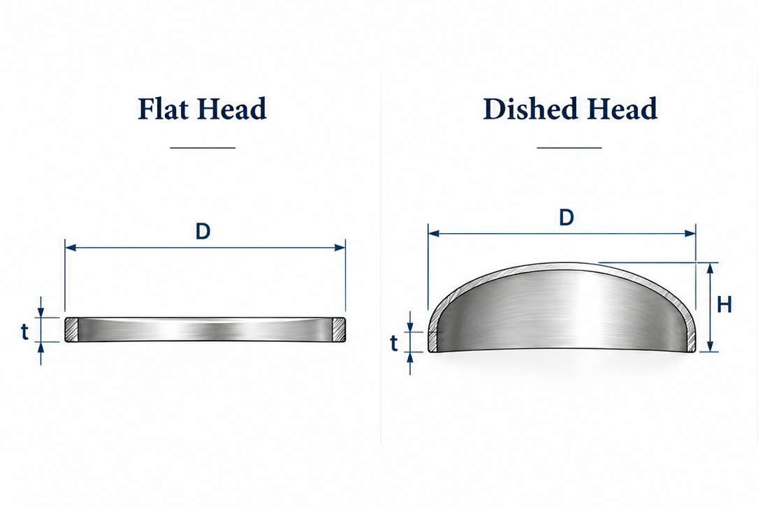 Stainless steel flat head and dished head dimension diagrams showing diameter D, thickness t and overall head height H for pressure vessel head specifications.