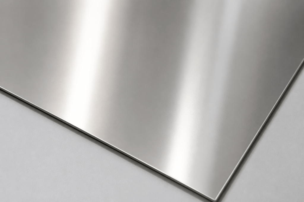 BA stainless steel sheet with a smooth bright annealed surface and reflective metallic finish. A bright annealed stainless steel finish with a smooth, reflective surface and clean metallic appearance.