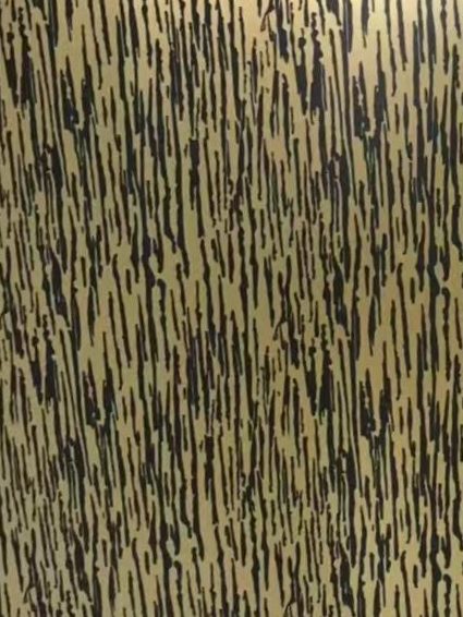 Gold and antique bronze stainless steel sheet with irregular vertical wood-grain lines, creating a textured decorative metal surface inspired by natural timber patterns.