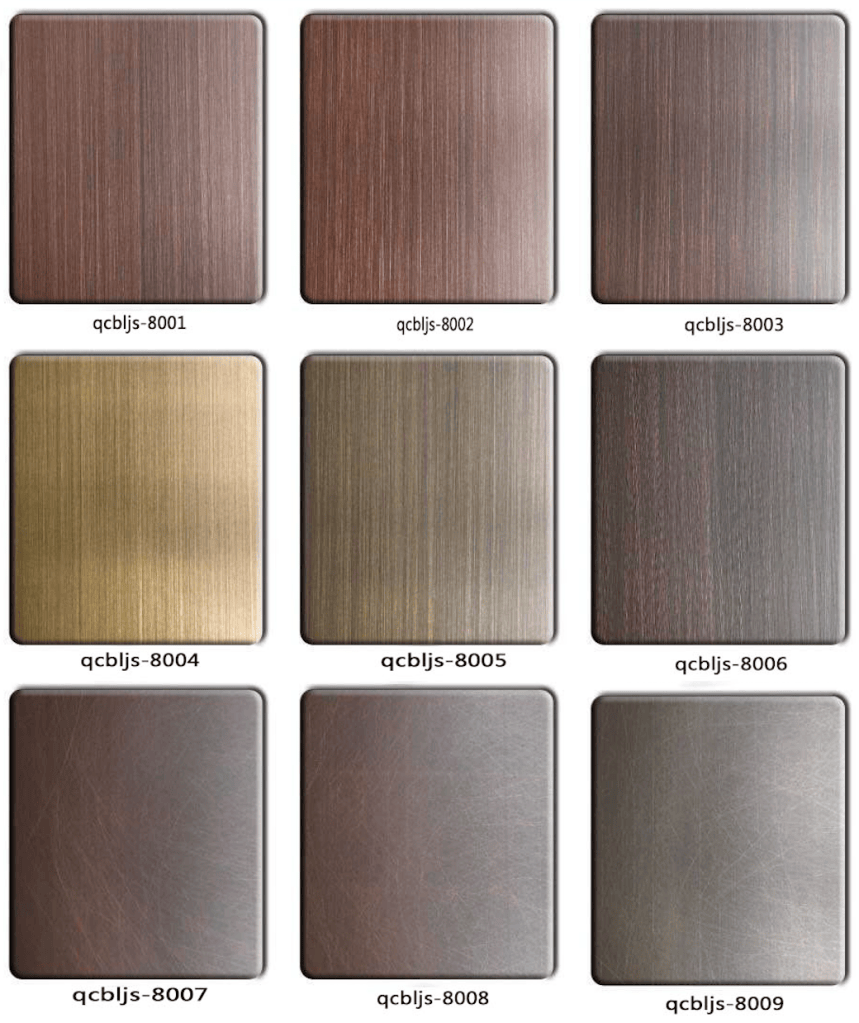 Hand-brushed blackened copper-plated stainless steel finish samples in dark bronze, reddish brown, antique gold, smoky brown and grey metallic tones, featuring fine vertical brushed grain and subtle linear textures for decorative stainless steel surfaces, interior metalwork and custom architectural components.