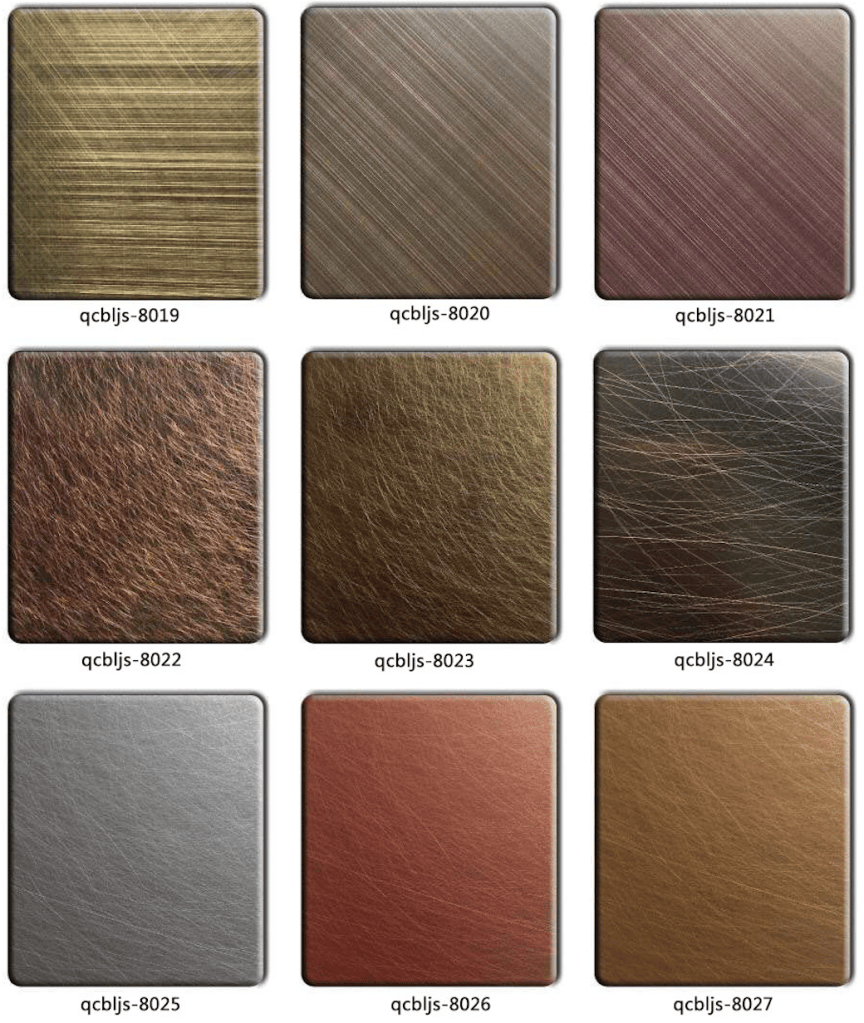 Random cross-grain copper-plated stainless steel finish samples in bronze, brown, copper, rose and dark metallic tones, featuring irregular brushed, intersecting grain and fine scratch textures for decorative stainless steel panels and architectural metalwork.