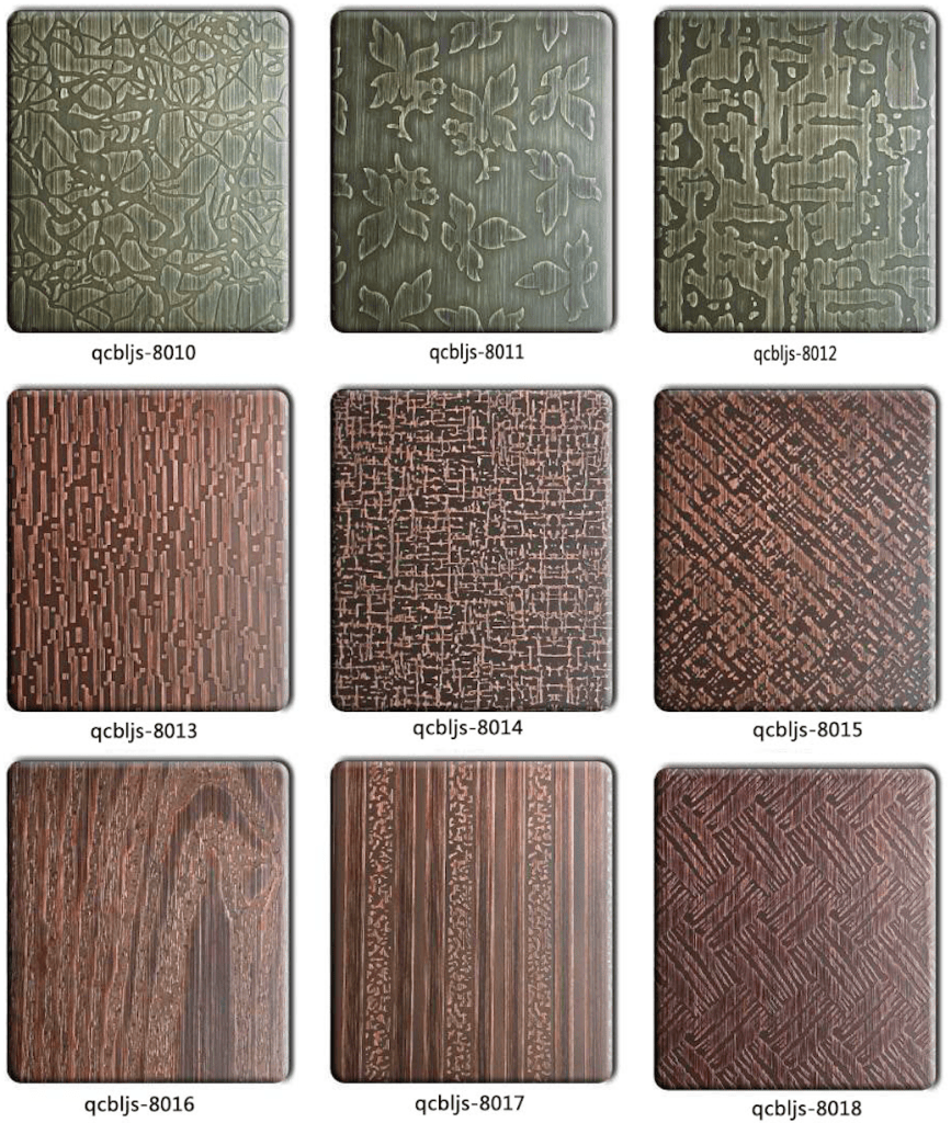Etched nano anti-oxidation copper-plated stainless steel samples in antique bronze, copper, brown, grey-green and dark metallic tones, featuring geometric, linear, woven, abstract and irregular etched patterns for decorative panels, screens and architectural stainless steel applications.
