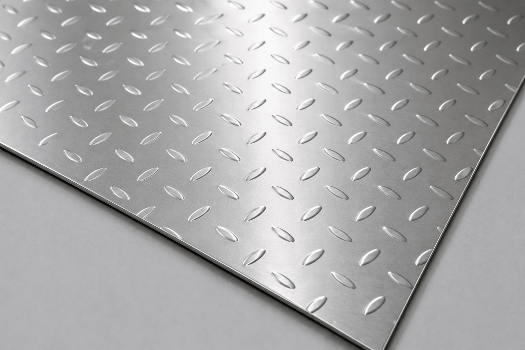 Embossed stainless steel sheet with a raised patterned texture for decorative and architectural applications. A patterned stainless steel surface produced with raised or recessed textures for decorative and functional applications.