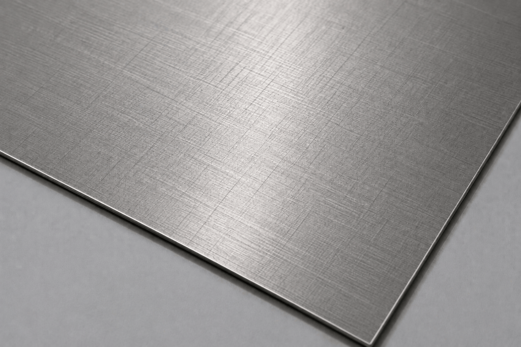 Etched stainless steel sheet with a fine decorative surface pattern and brushed metallic appearance. A decorative stainless steel finish featuring patterns or designs created on the metal surface for architectural and interior applications.