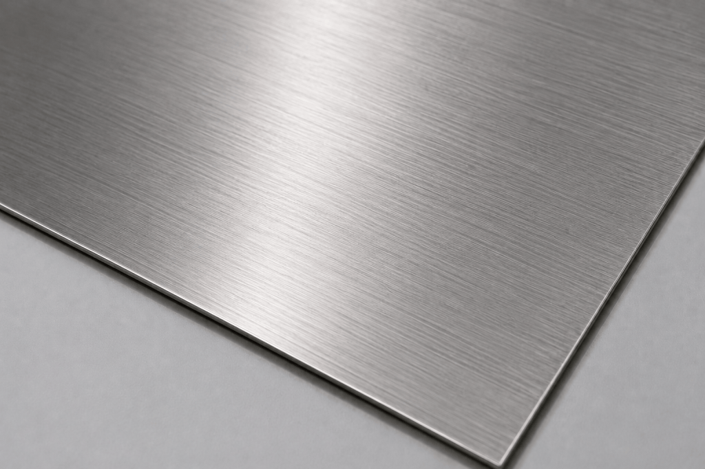 Hairline brushed stainless steel sheet with a fine directional linear texture and satin metallic surface. A directional brushed stainless steel finish with fine linear texture, widely used for architectural and interior applications.