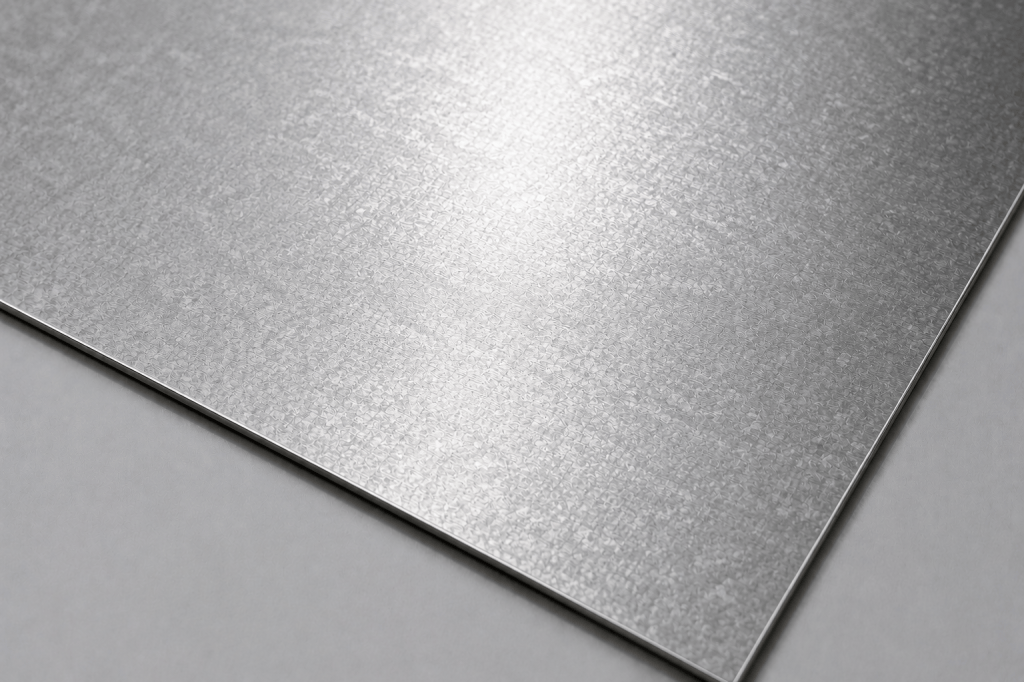 Snowflake finish stainless steel sheet with a fine textured surface and soft decorative metallic appearance. A decorative stainless steel surface with a fine multidirectional texture that creates a soft and distinctive metallic appearance.